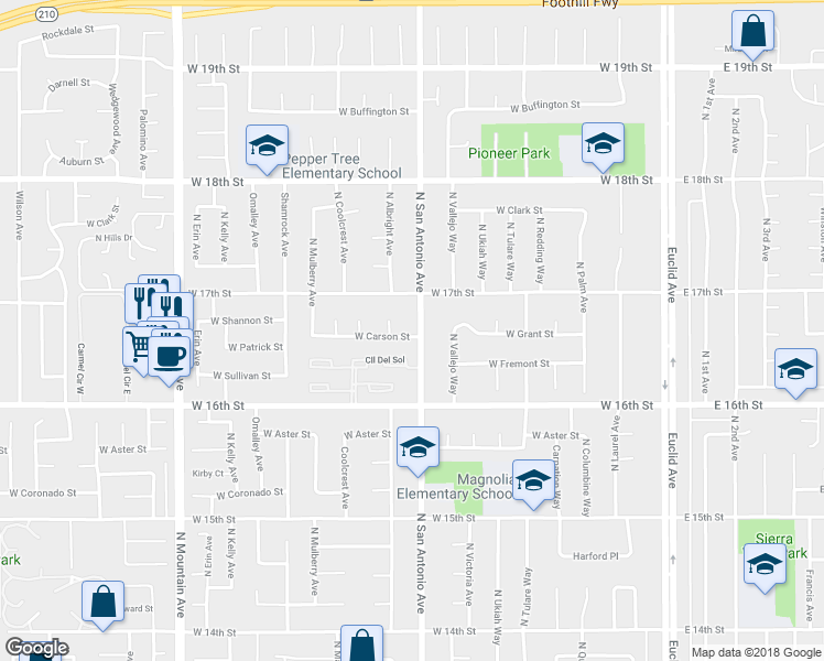 map of restaurants, bars, coffee shops, grocery stores, and more near 1669 North San Antonio Avenue in Upland