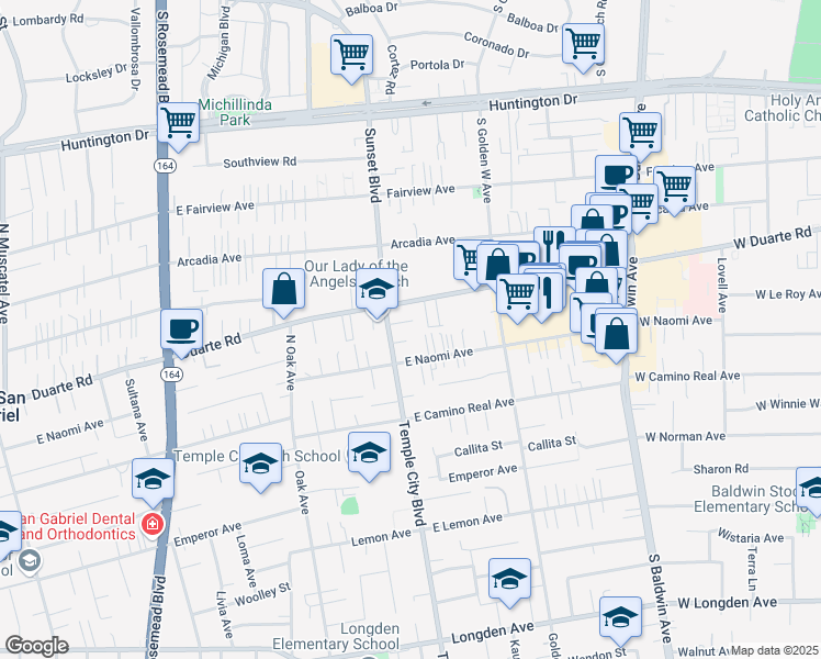 map of restaurants, bars, coffee shops, grocery stores, and more near 1228 Temple City Boulevard in Arcadia
