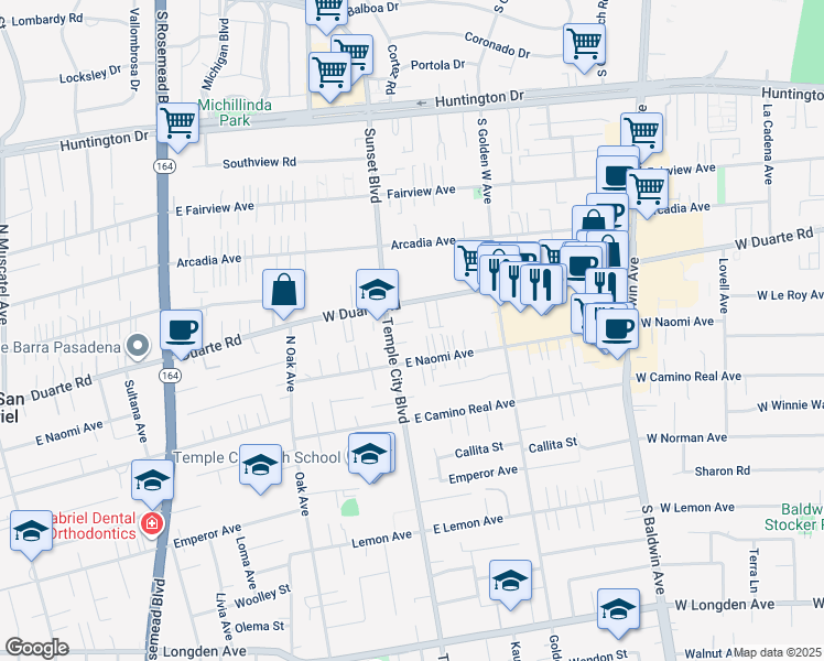 map of restaurants, bars, coffee shops, grocery stores, and more near 1228 Temple City Boulevard in Arcadia