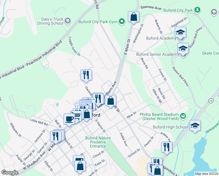 map of restaurants, bars, coffee shops, grocery stores, and more near 342 East Shadburn Avenue in Buford