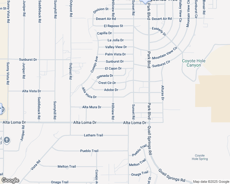 map of restaurants, bars, coffee shops, grocery stores, and more near 7107 Hillview Road in Joshua Tree