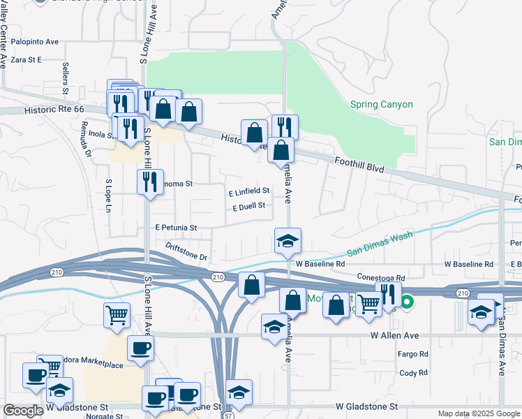 map of restaurants, bars, coffee shops, grocery stores, and more near 2213 East Petunia Street in Glendora