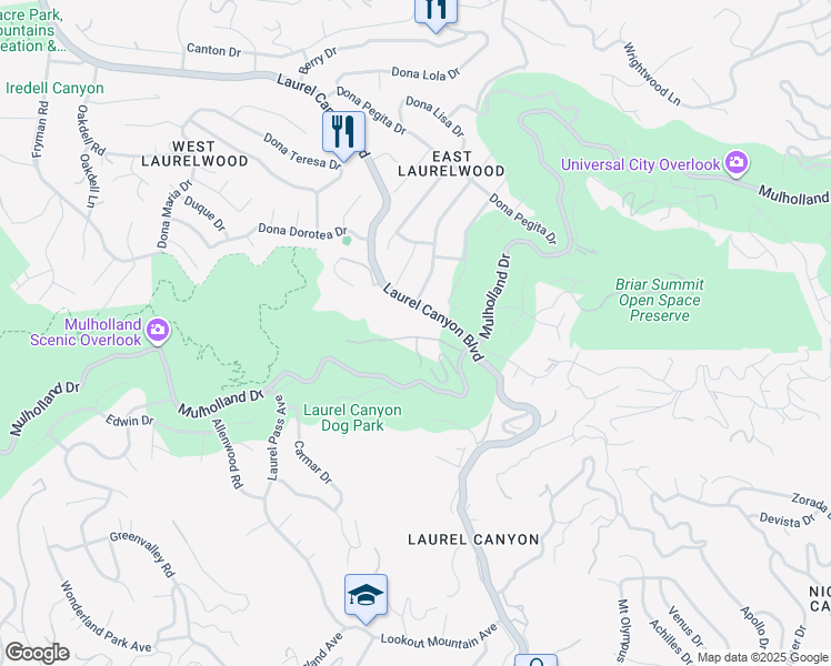map of restaurants, bars, coffee shops, grocery stores, and more near 8128 Mulholland Terrace in Los Angeles