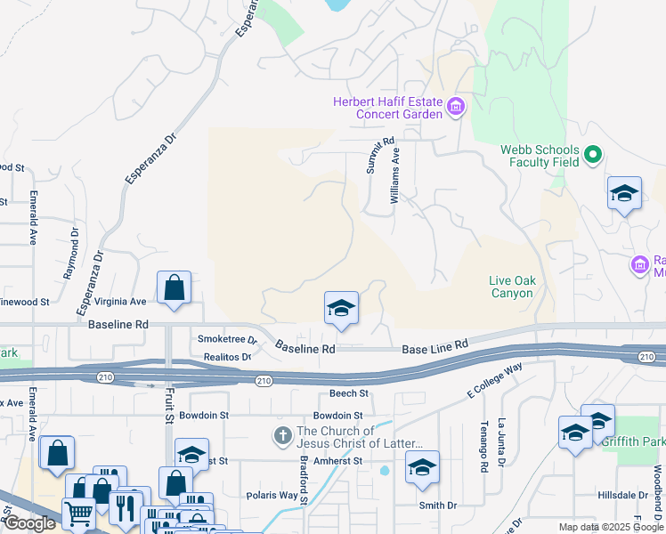 map of restaurants, bars, coffee shops, grocery stores, and more near Broken Spur Road in La Verne