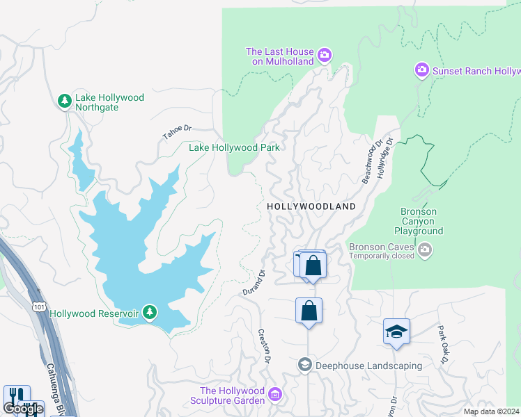 map of restaurants, bars, coffee shops, grocery stores, and more near 6364 Mulholland Highway in Los Angeles