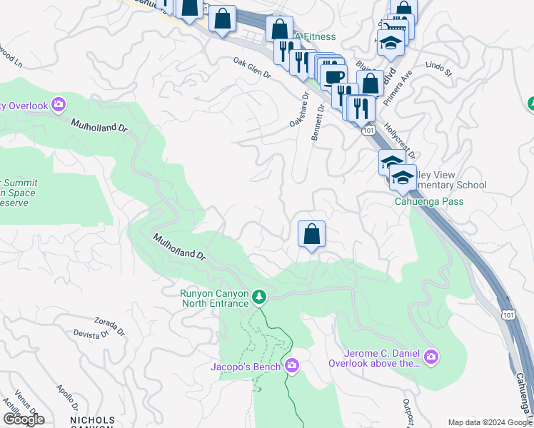 map of restaurants, bars, coffee shops, grocery stores, and more near 7321 Woodrow Wilson Drive in Los Angeles