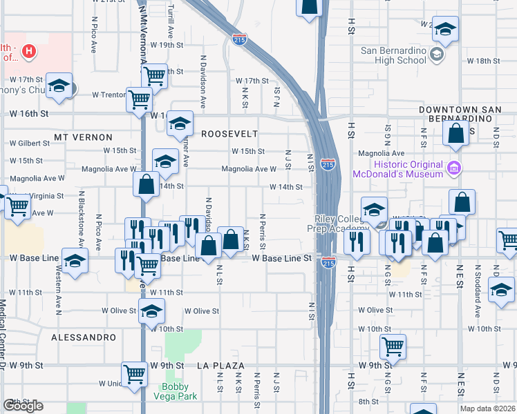 map of restaurants, bars, coffee shops, grocery stores, and more near 1336 North Perris Street in San Bernardino