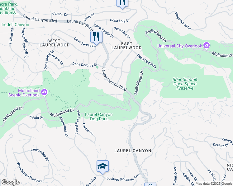 map of restaurants, bars, coffee shops, grocery stores, and more near 8147 Mulholland Terrace in Los Angeles