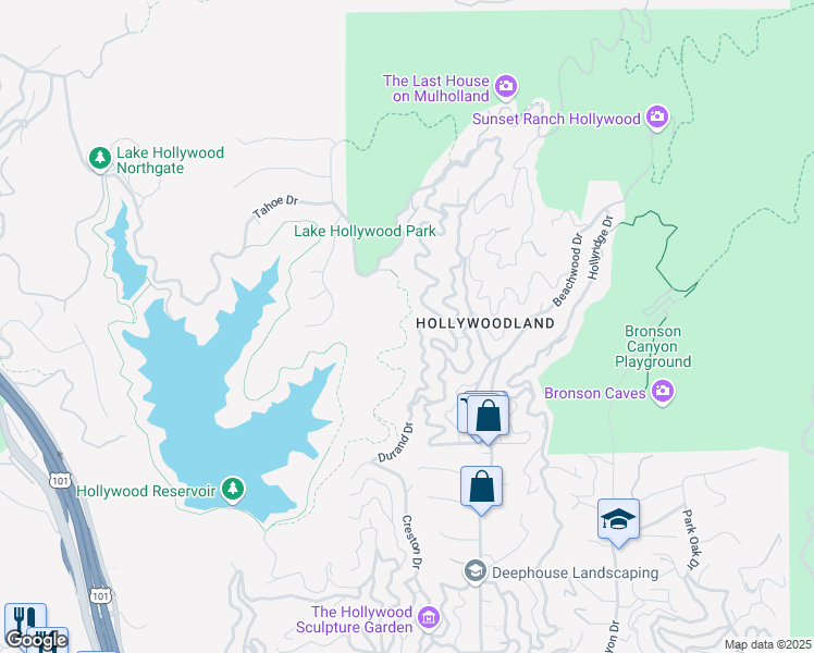 map of restaurants, bars, coffee shops, grocery stores, and more near 6364 Mulholland Highway in Los Angeles