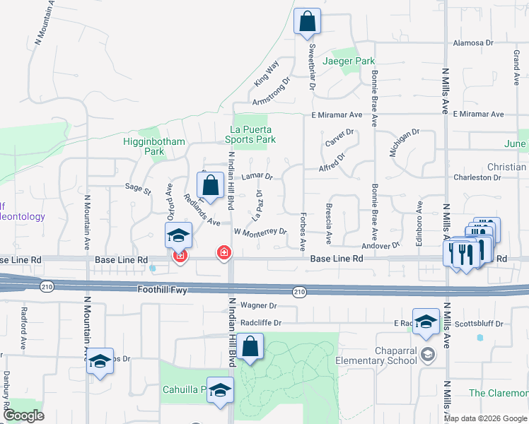 map of restaurants, bars, coffee shops, grocery stores, and more near 2244 La Paz Drive in Claremont
