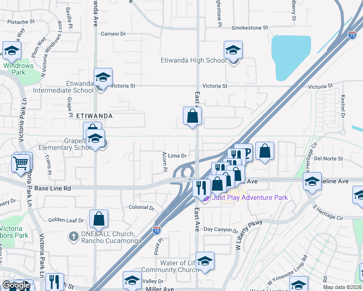 map of restaurants, bars, coffee shops, grocery stores, and more near 7167 Brisas Court in Rancho Cucamonga