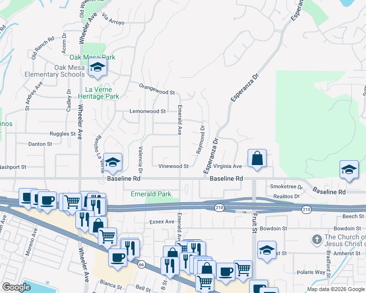 map of restaurants, bars, coffee shops, grocery stores, and more near 4712 Emerald Avenue in La Verne