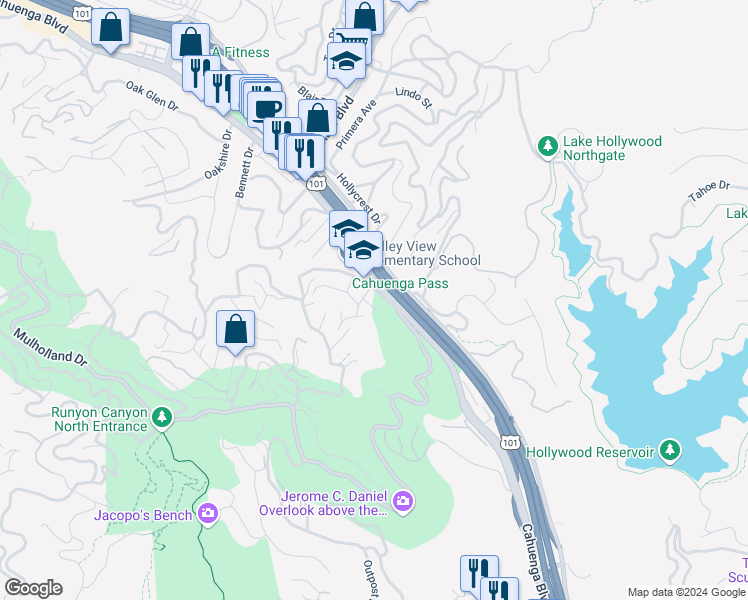 map of restaurants, bars, coffee shops, grocery stores, and more near 2928 Park Center Drive in Los Angeles