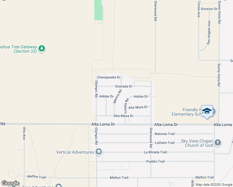 map of restaurants, bars, coffee shops, grocery stores, and more near 7131 Mecca Road in Joshua Tree