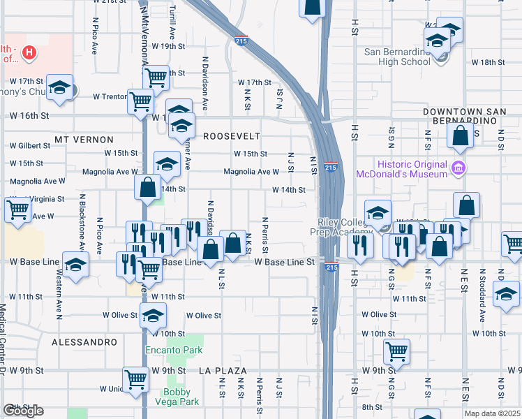 map of restaurants, bars, coffee shops, grocery stores, and more near 1336 North Perris Street in San Bernardino