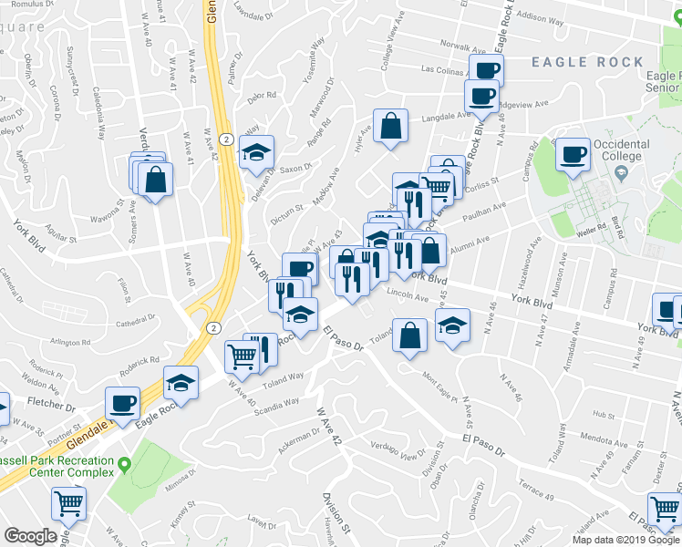 map of restaurants, bars, coffee shops, grocery stores, and more near 3831 1/2 West Avenue 43 in Los Angeles