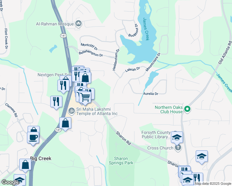 map of restaurants, bars, coffee shops, grocery stores, and more near 1685 Laleiah Drive in Cumming