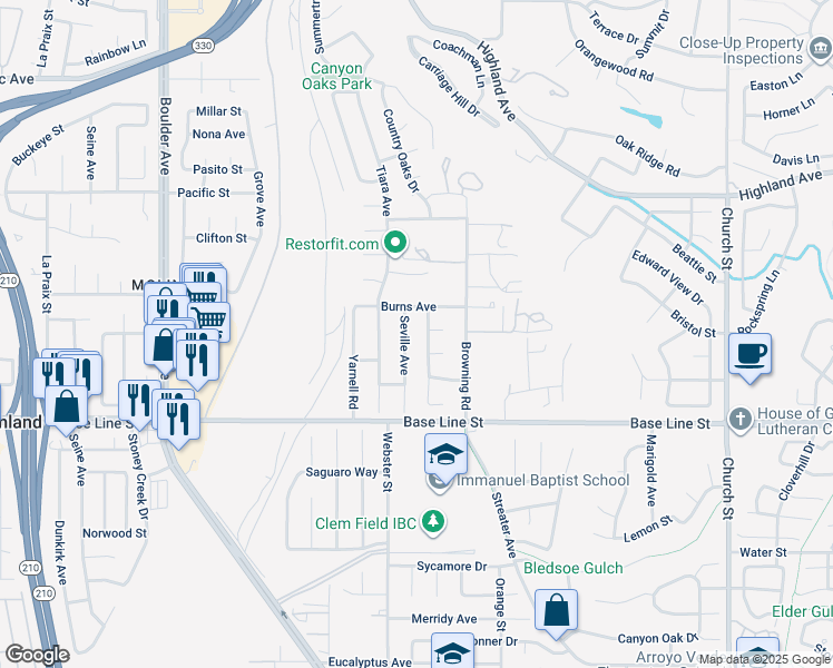 map of restaurants, bars, coffee shops, grocery stores, and more near 7173 Seville Avenue in Highland