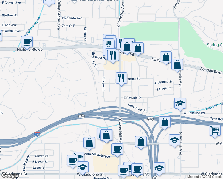 map of restaurants, bars, coffee shops, grocery stores, and more near 840 Cordelia Avenue in Glendora