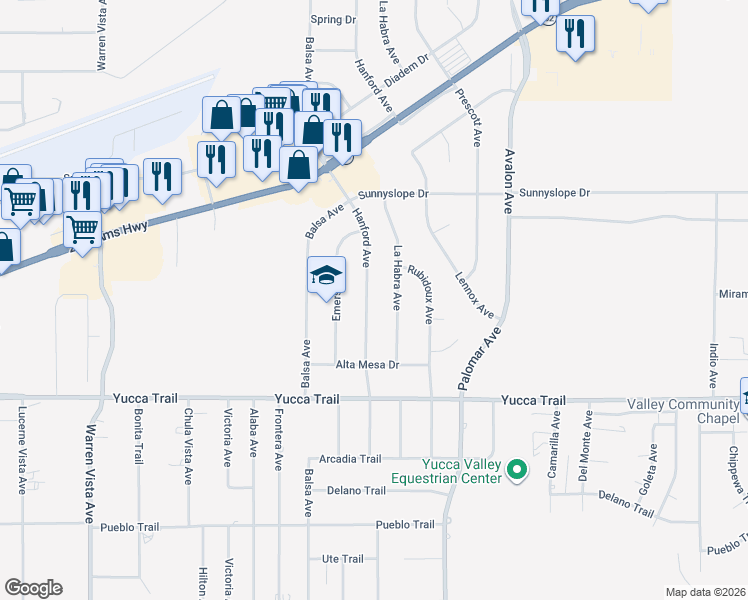 map of restaurants, bars, coffee shops, grocery stores, and more near 7103 Hanford Avenue in Yucca Valley