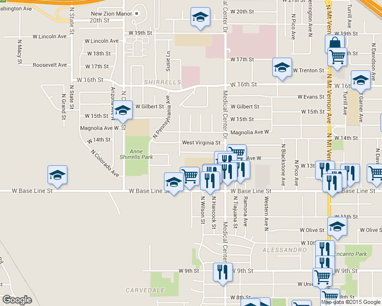 map of restaurants, bars, coffee shops, grocery stores, and more near 1749 Home Avenue West in San Bernardino