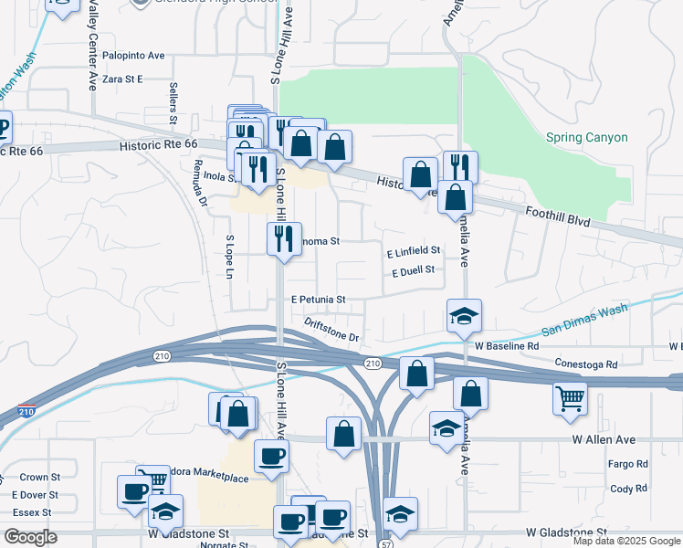 map of restaurants, bars, coffee shops, grocery stores, and more near 846 Glengrove Avenue in Glendora