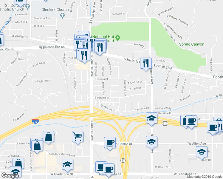map of restaurants, bars, coffee shops, grocery stores, and more near 846 Glengrove Avenue in Glendora