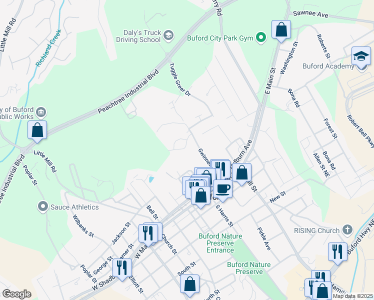 map of restaurants, bars, coffee shops, grocery stores, and more near 2273 Buford Town Drive in Buford