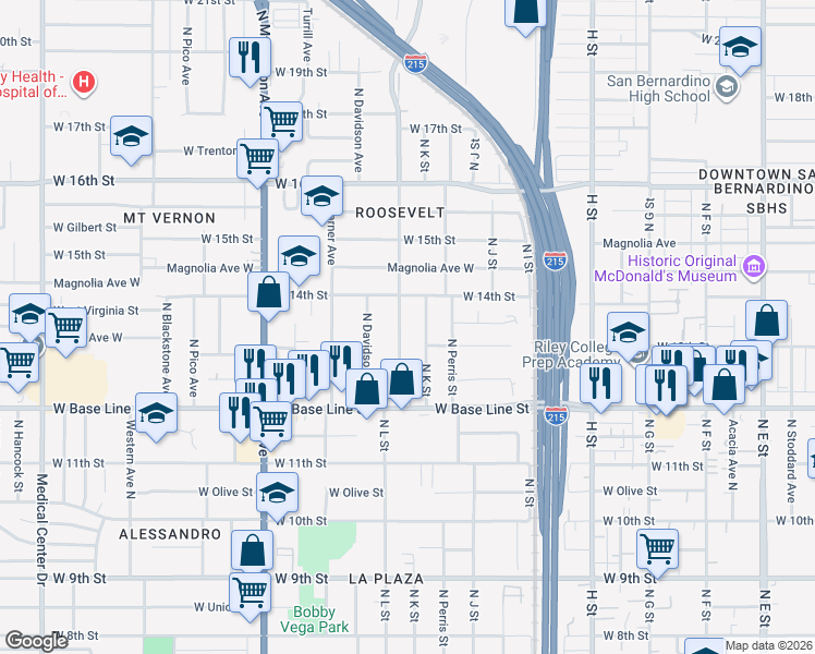 map of restaurants, bars, coffee shops, grocery stores, and more near 1306 North K Street in San Bernardino