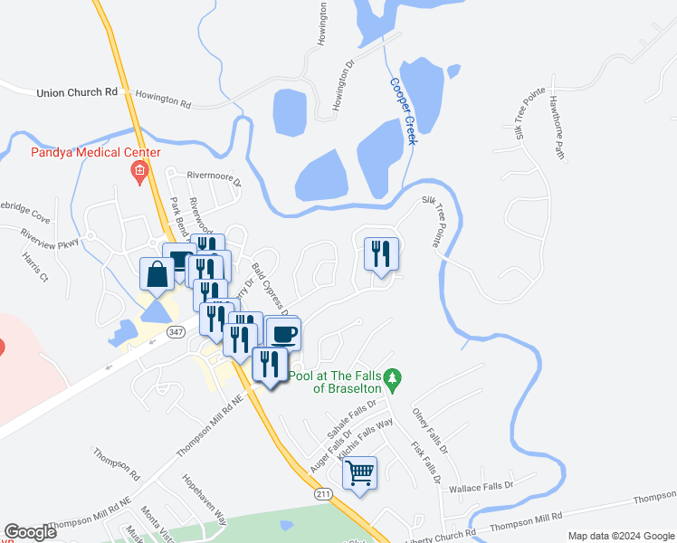 map of restaurants, bars, coffee shops, grocery stores, and more near 6625 White Walnut Way in Braselton