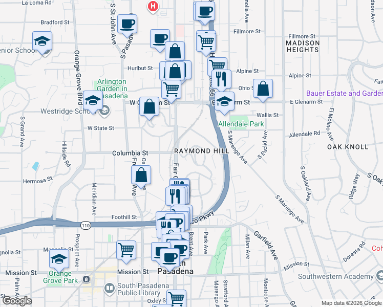 map of restaurants, bars, coffee shops, grocery stores, and more near 1625 Raymond Hill Road in South Pasadena