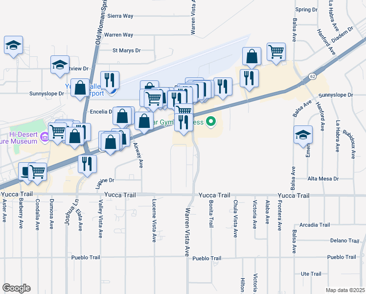 map of restaurants, bars, coffee shops, grocery stores, and more near 7144 Murray Lane in Yucca Valley