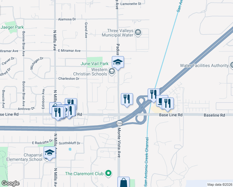 map of restaurants, bars, coffee shops, grocery stores, and more near 880 Decatur Circle in Claremont