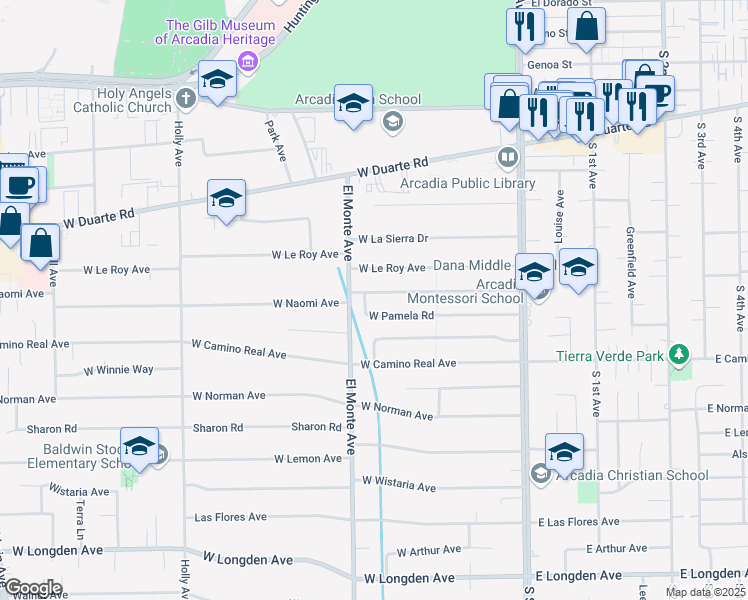 map of restaurants, bars, coffee shops, grocery stores, and more near 166 West Naomi Avenue in Arcadia