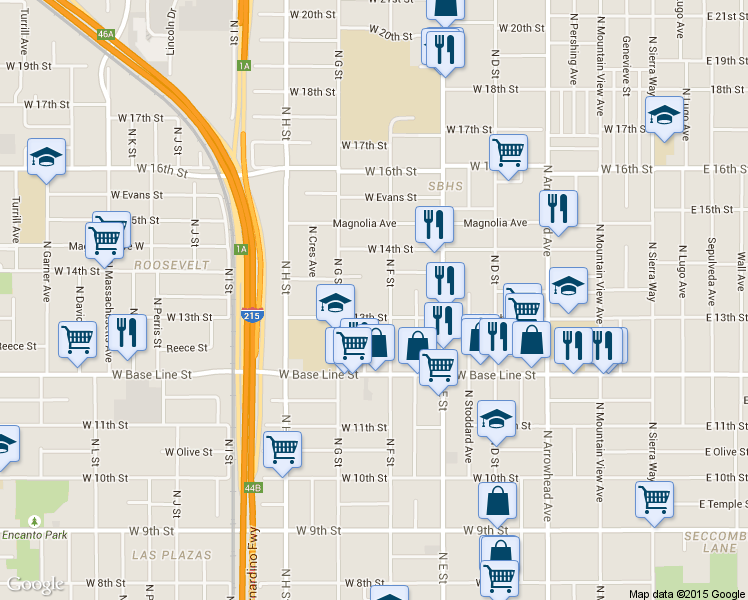 map of restaurants, bars, coffee shops, grocery stores, and more near 632 West 13th Street in San Bernardino