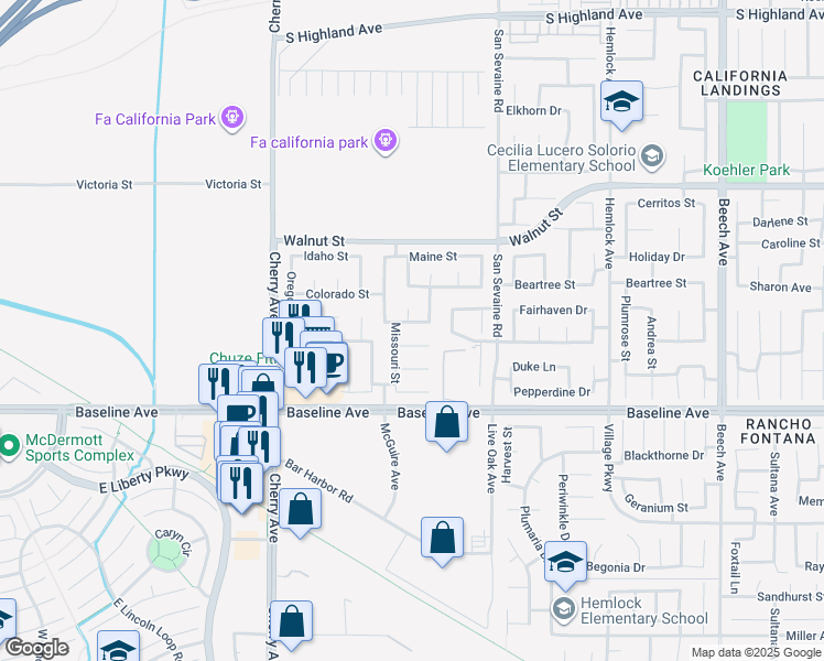 map of restaurants, bars, coffee shops, grocery stores, and more near 14757 Tennessee Court in Fontana