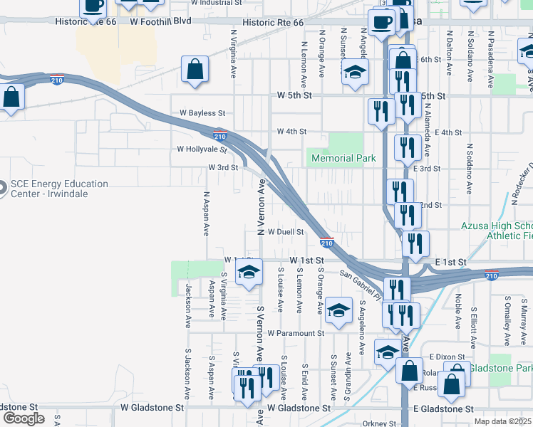 map of restaurants, bars, coffee shops, grocery stores, and more near 153 North Vernon Avenue in Azusa
