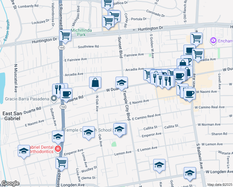 map of restaurants, bars, coffee shops, grocery stores, and more near 6822 Ardsley Drive in Arcadia
