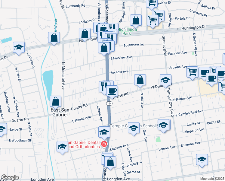 map of restaurants, bars, coffee shops, grocery stores, and more near in San Gabriel