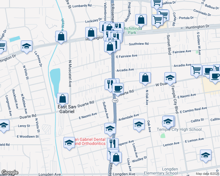 map of restaurants, bars, coffee shops, grocery stores, and more near 6925 Rosemead Boulevard in San Gabriel