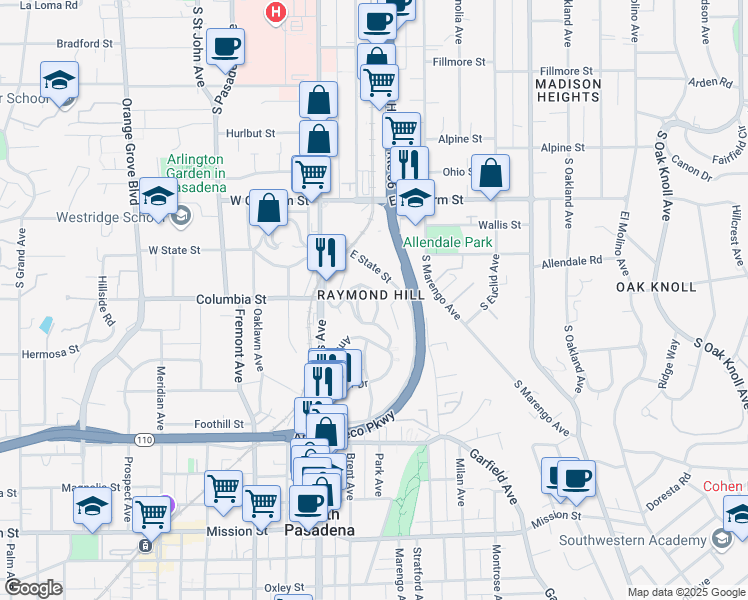 map of restaurants, bars, coffee shops, grocery stores, and more near in South Pasadena