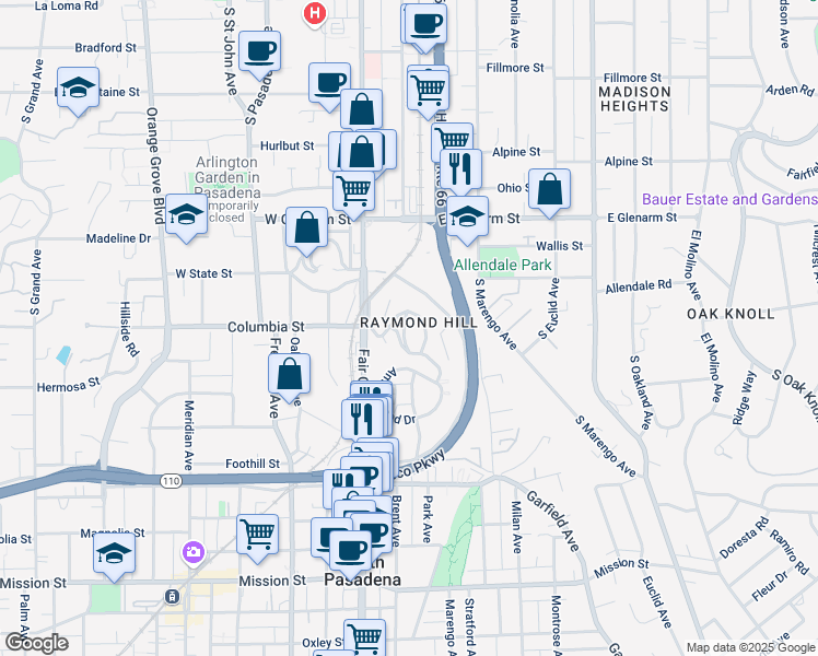 map of restaurants, bars, coffee shops, grocery stores, and more near 1625 Raymond Hill Road in South Pasadena