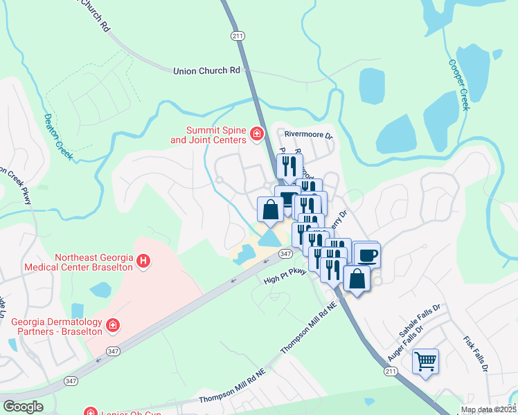 map of restaurants, bars, coffee shops, grocery stores, and more near 5762 Berkshire Trce in Braselton