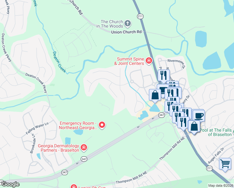 map of restaurants, bars, coffee shops, grocery stores, and more near 6235 Harris Court in Braselton