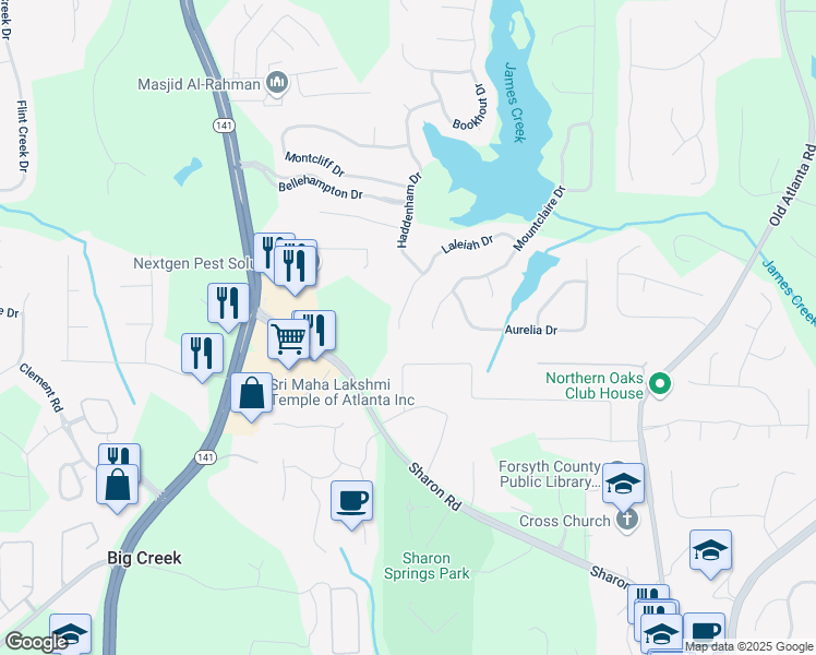 map of restaurants, bars, coffee shops, grocery stores, and more near 1685 Laleiah Drive in Cumming