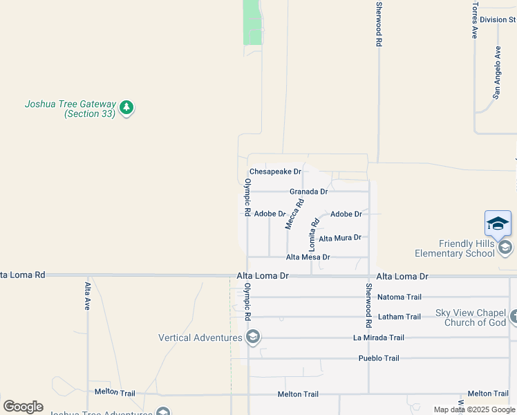 map of restaurants, bars, coffee shops, grocery stores, and more near 60150 Adobe Drive in Joshua Tree