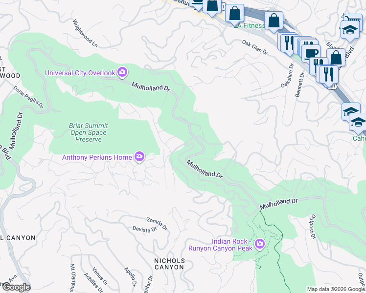 map of restaurants, bars, coffee shops, grocery stores, and more near 7258 Woodrow Wilson Drive in Los Angeles
