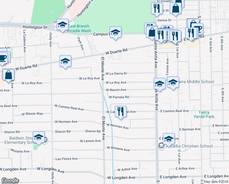 map of restaurants, bars, coffee shops, grocery stores, and more near 150 West Naomi Avenue in Arcadia