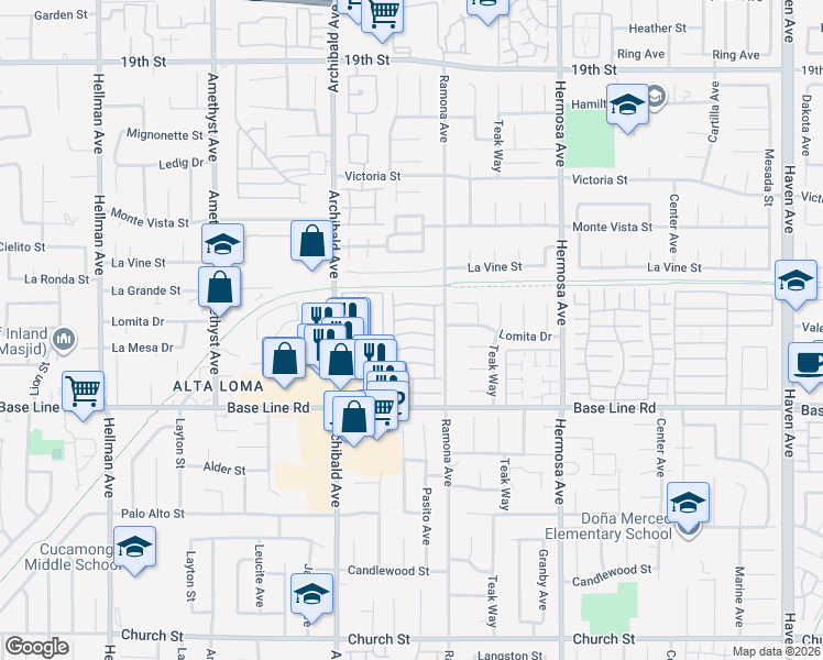map of restaurants, bars, coffee shops, grocery stores, and more near 9800 Base Line Road in Rancho Cucamonga