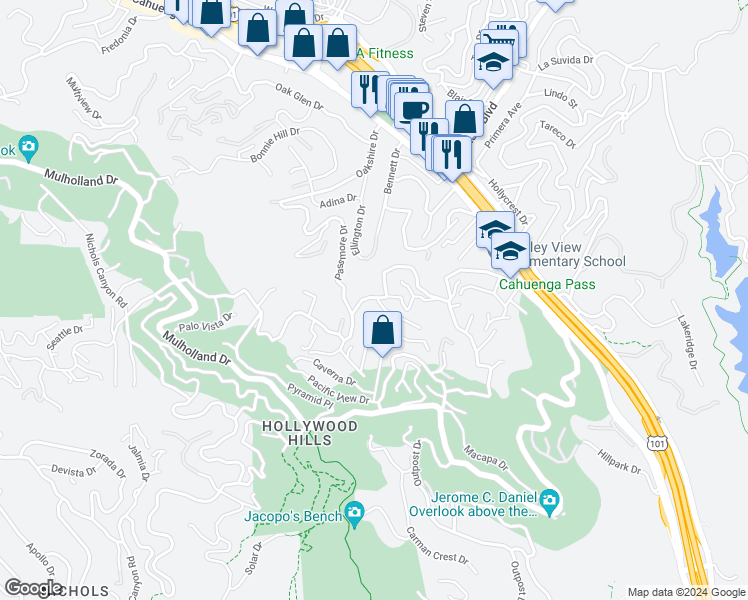 map of restaurants, bars, coffee shops, grocery stores, and more near 7242 Woodrow Wilson Drive in Los Angeles